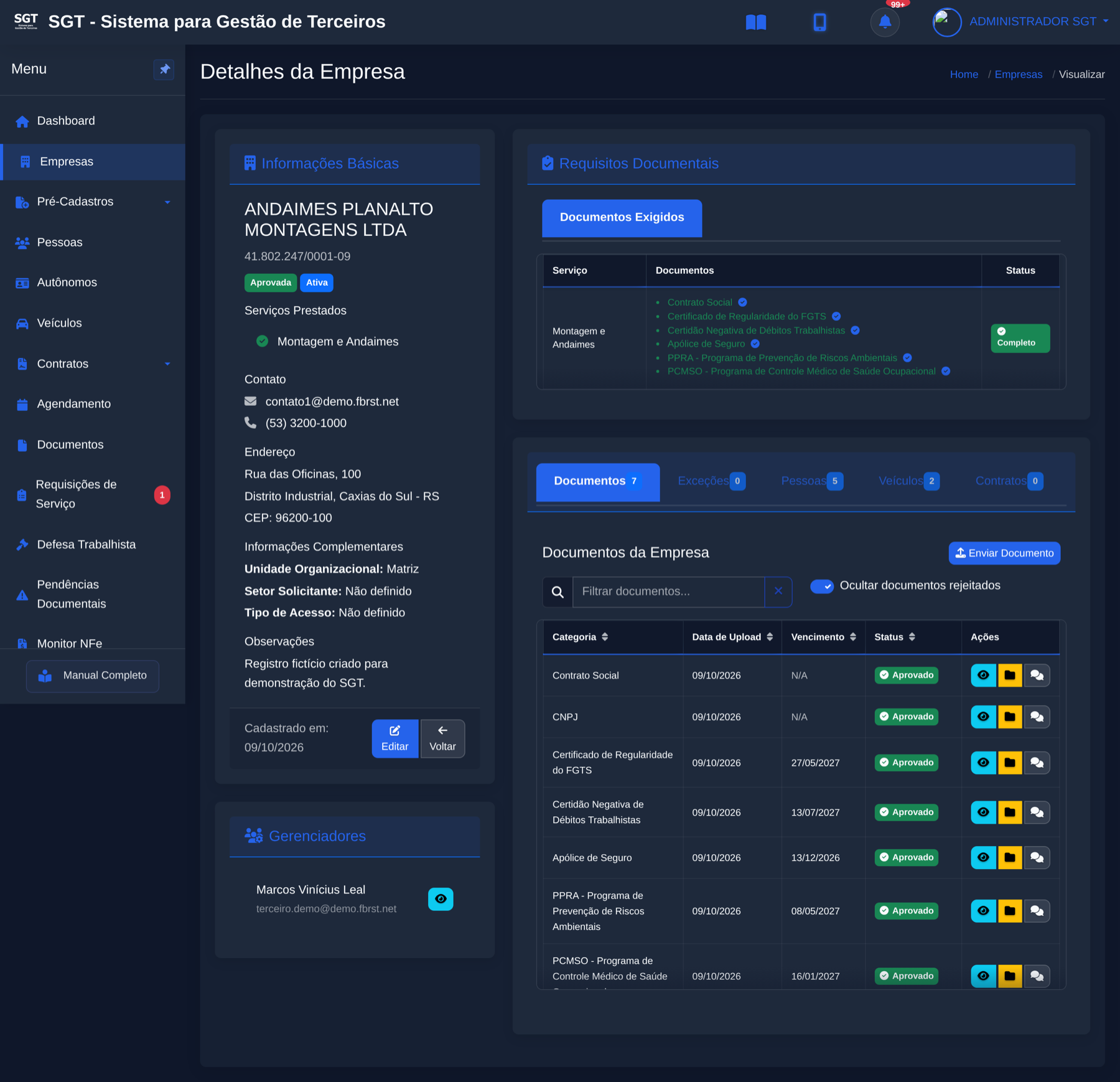 Ficha completa de uma empresa contratada no SGT