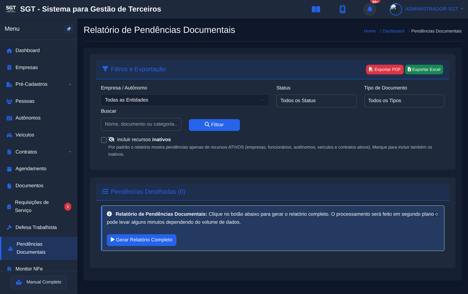 Relatório de pendências documentais do SGT