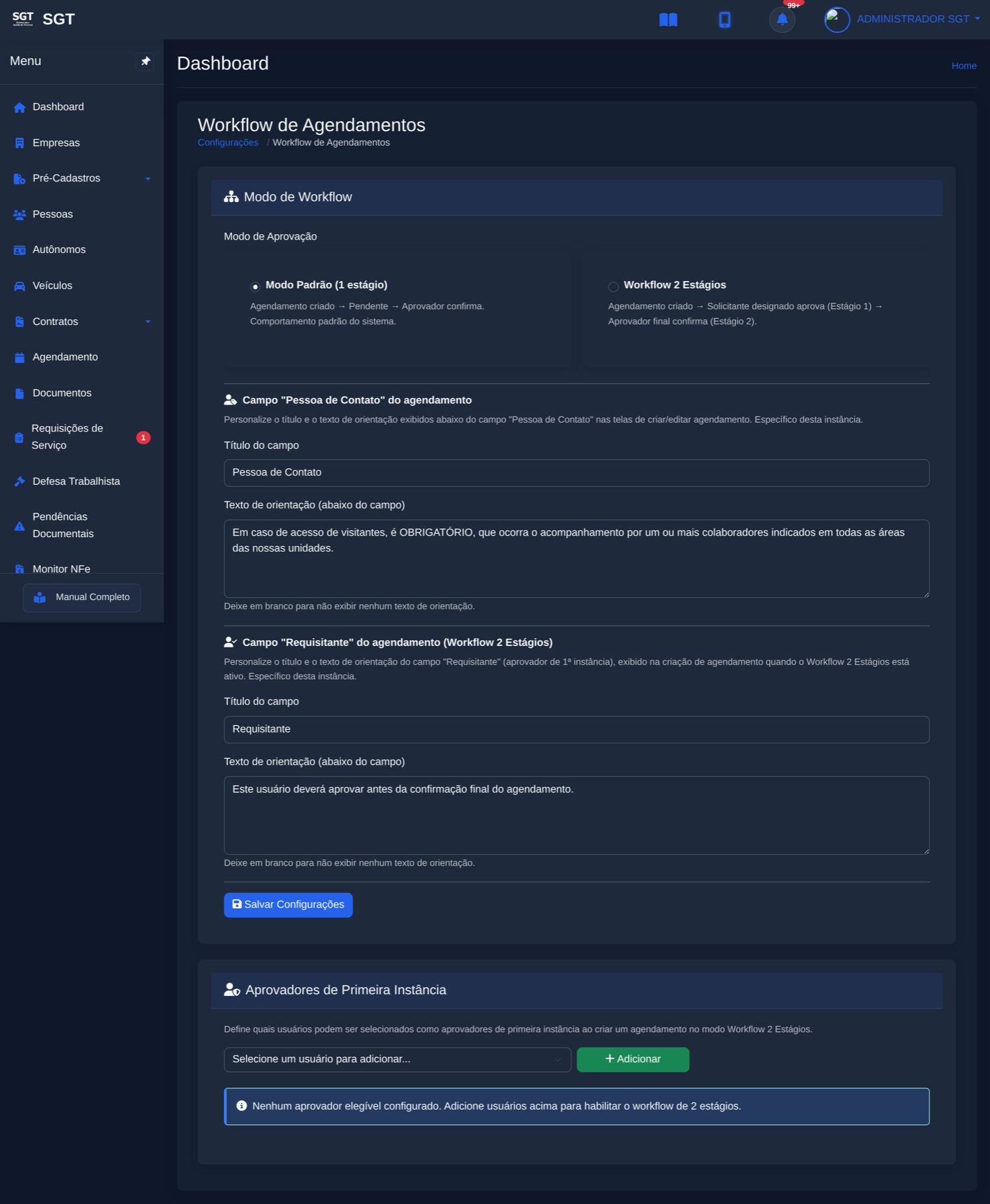 Configuração do workflow de agendamento no SGT