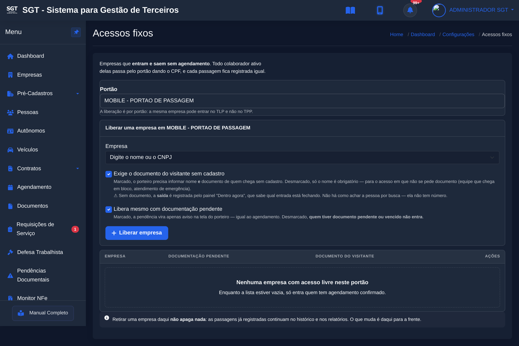 Configuração de acessos fixos de empresas por portão