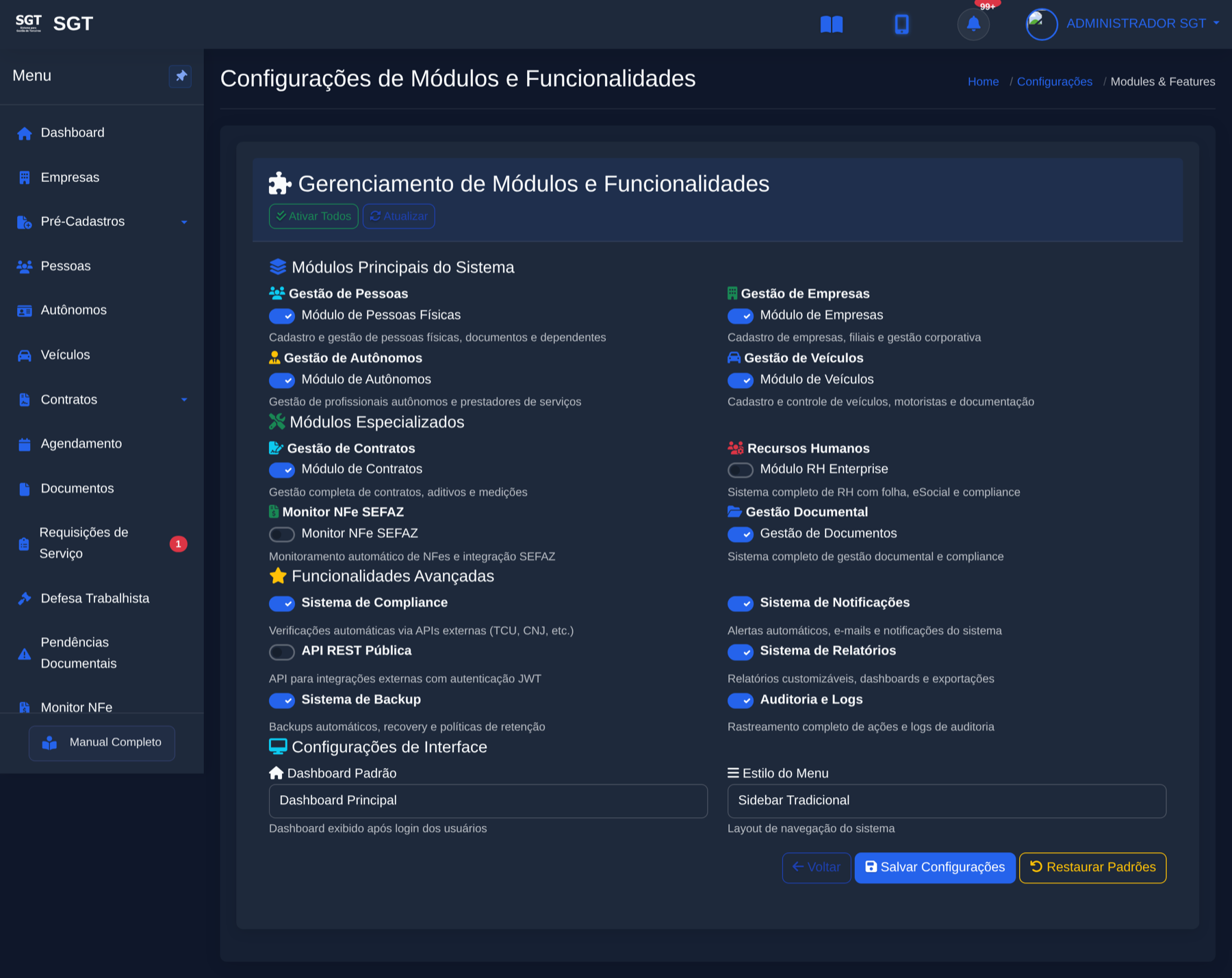 Tela de módulos e recursos do SGT, com cada módulo podendo ser ligado ou desligado