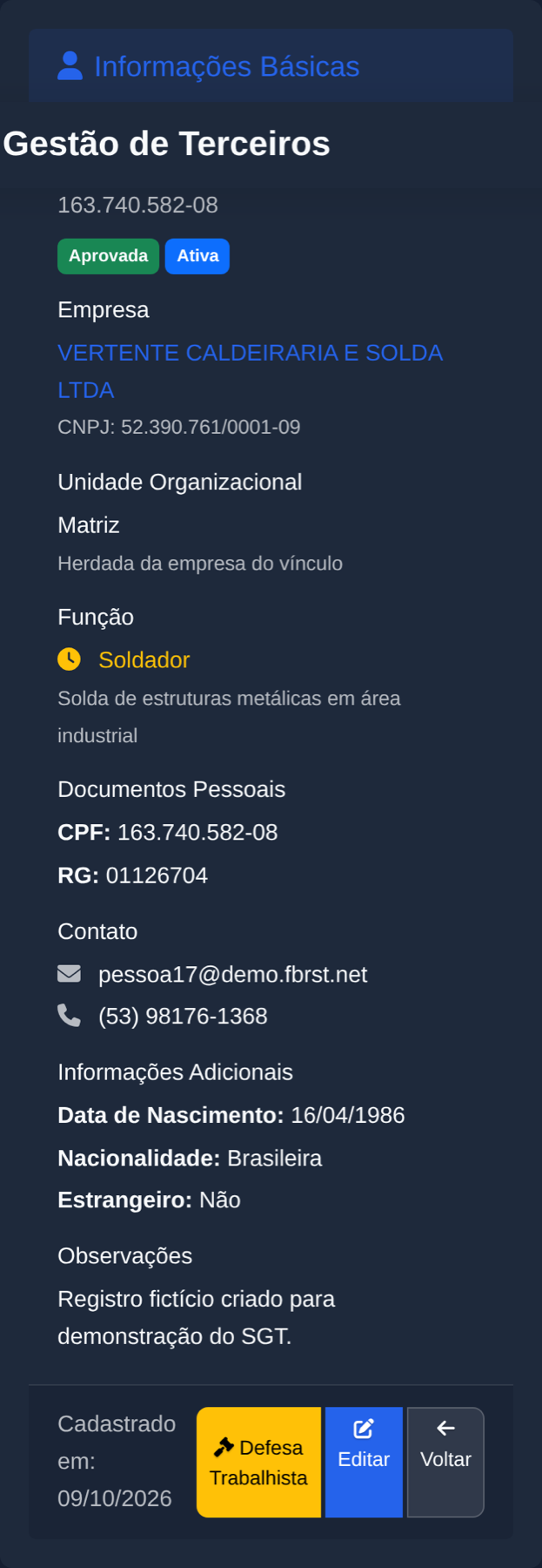 Ficha de uma pessoa no SGT, mostrando o vínculo com uma empresa, a função e os documentos pessoais