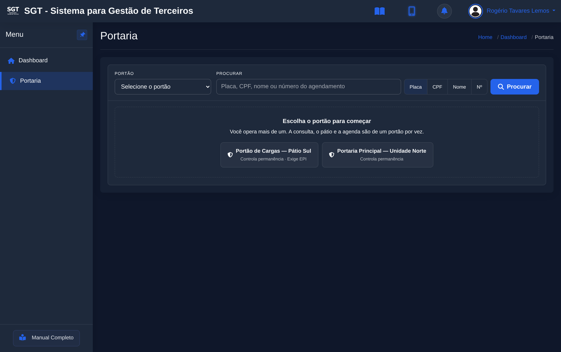 Tela da portaria no SGT, com seleção de portão e campo de busca