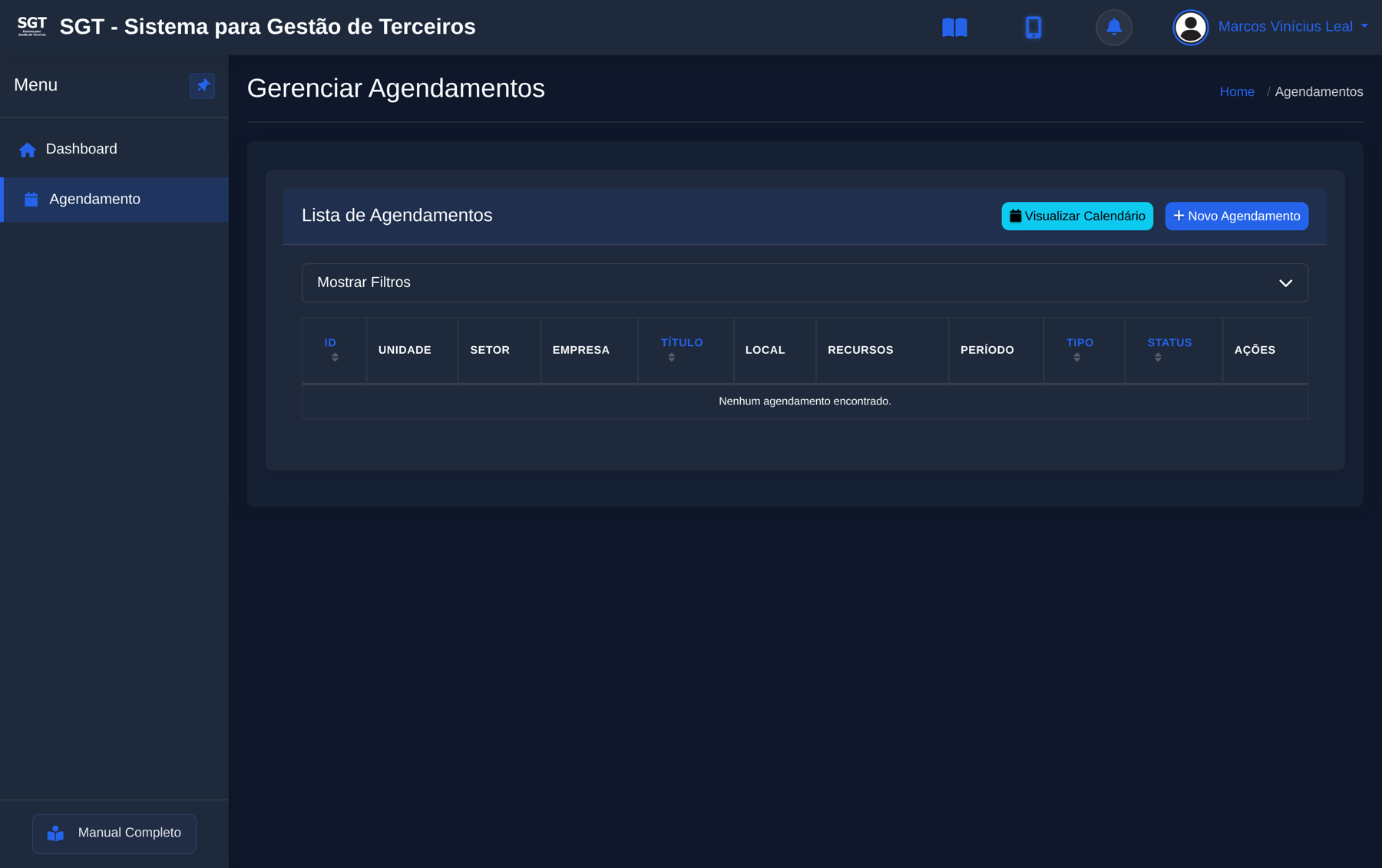 Agendamentos vistos pelo gestor da contratada, limitados à empresa dele